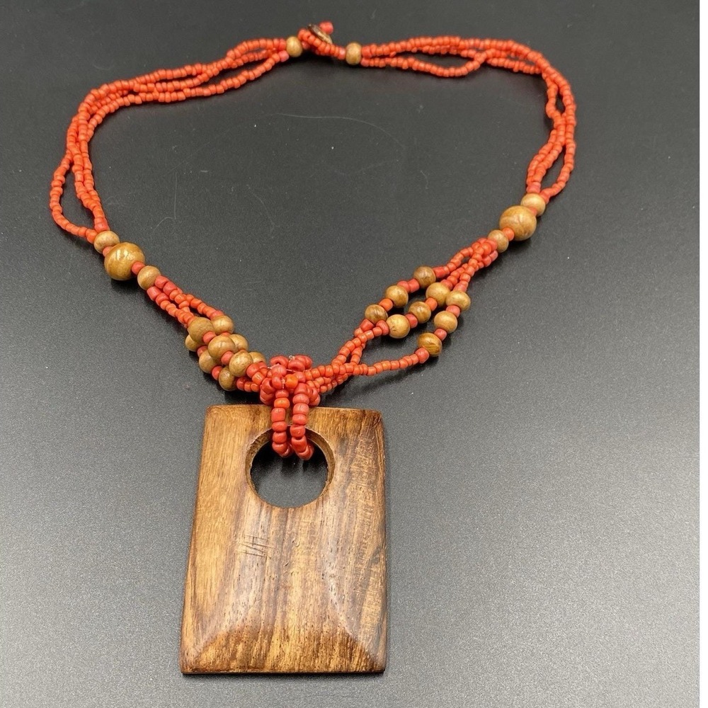 Vtg. Tibetan Style Wood Coral  3 Strand Beads‎ Necklace.